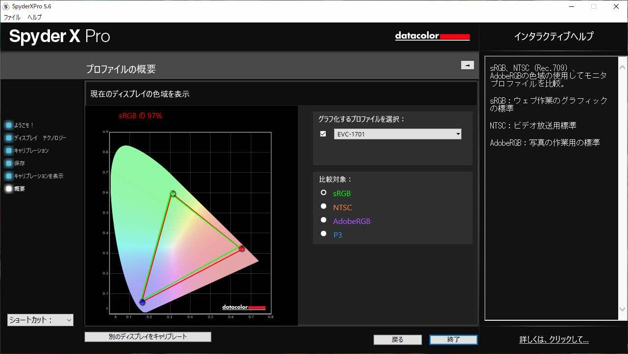 EVICIV EVC-1701 色域測定結果でsRGBカバー率を表示している状態のスクリーンショット
