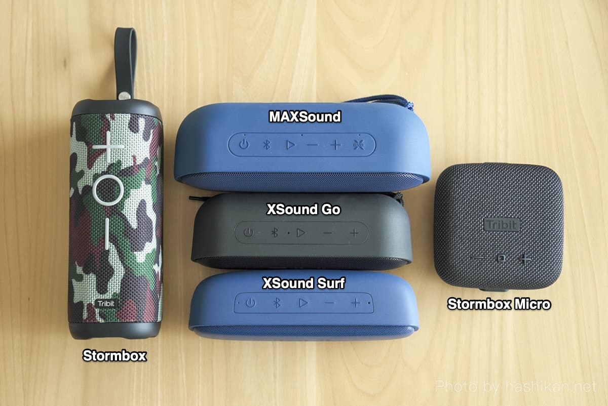 Tribit のStormboxとMAXSound PlusとXSound GoとXSound SurfとStormbox Microを並べて大きさ比較をしている画像