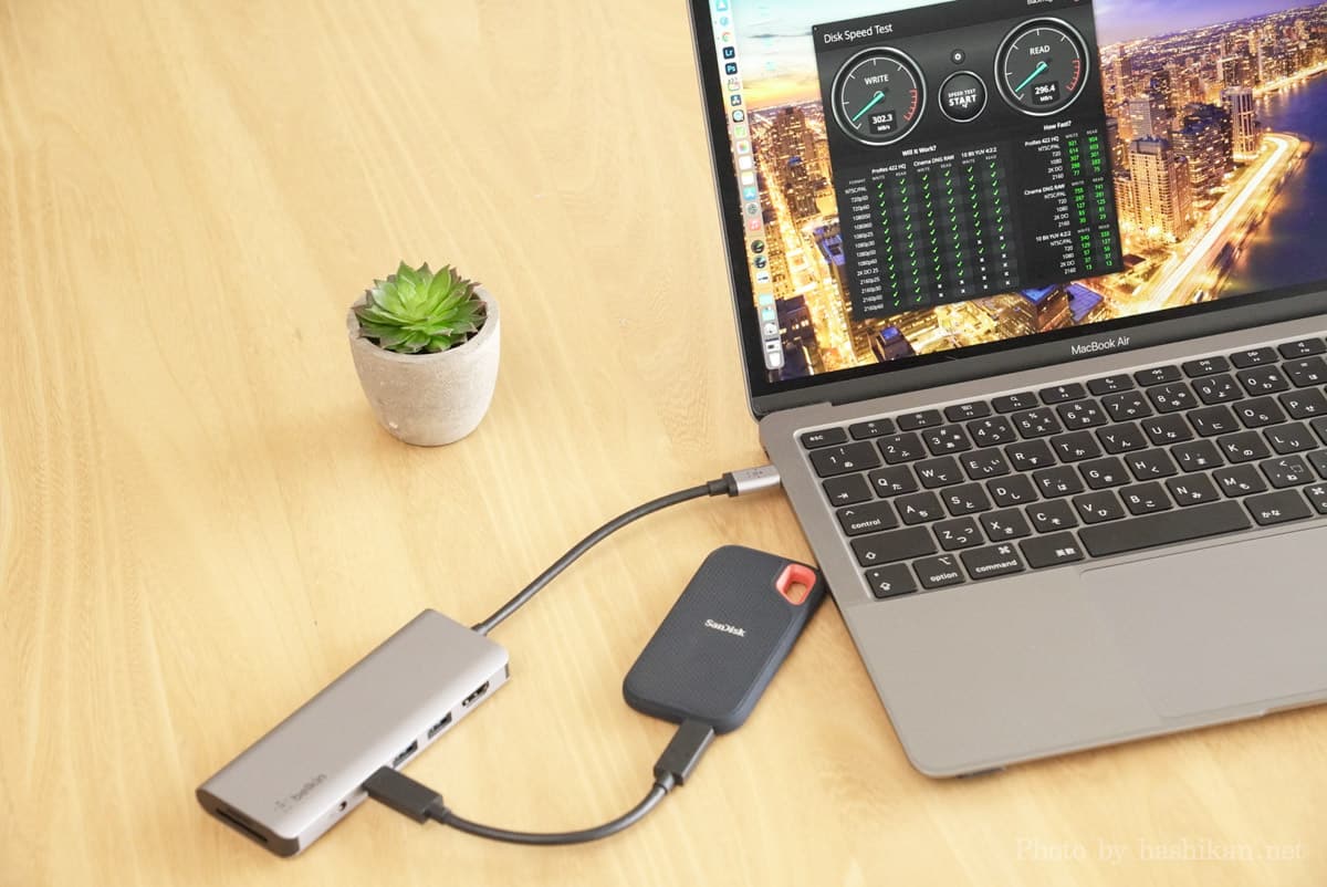 Belkin USB-C 7-in-1マルチポートハブアダプターをMacBookに接続してそこに外付けSSDを接続した場合