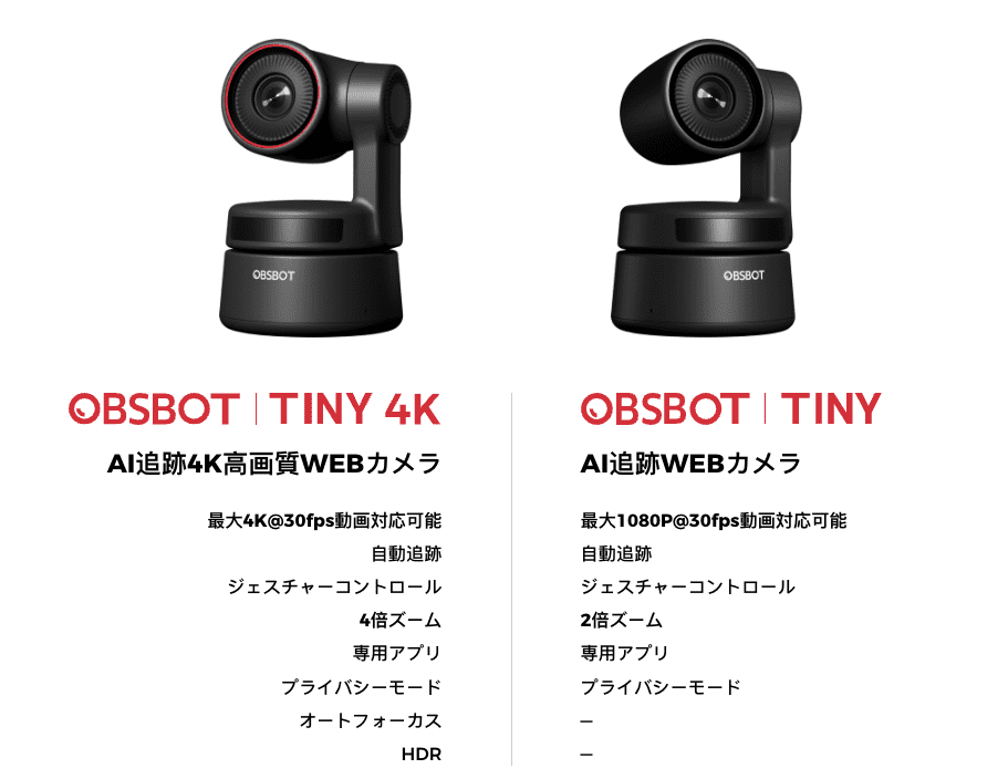 OBSBOT Tiny 4K と無印 Tiny の比較画像