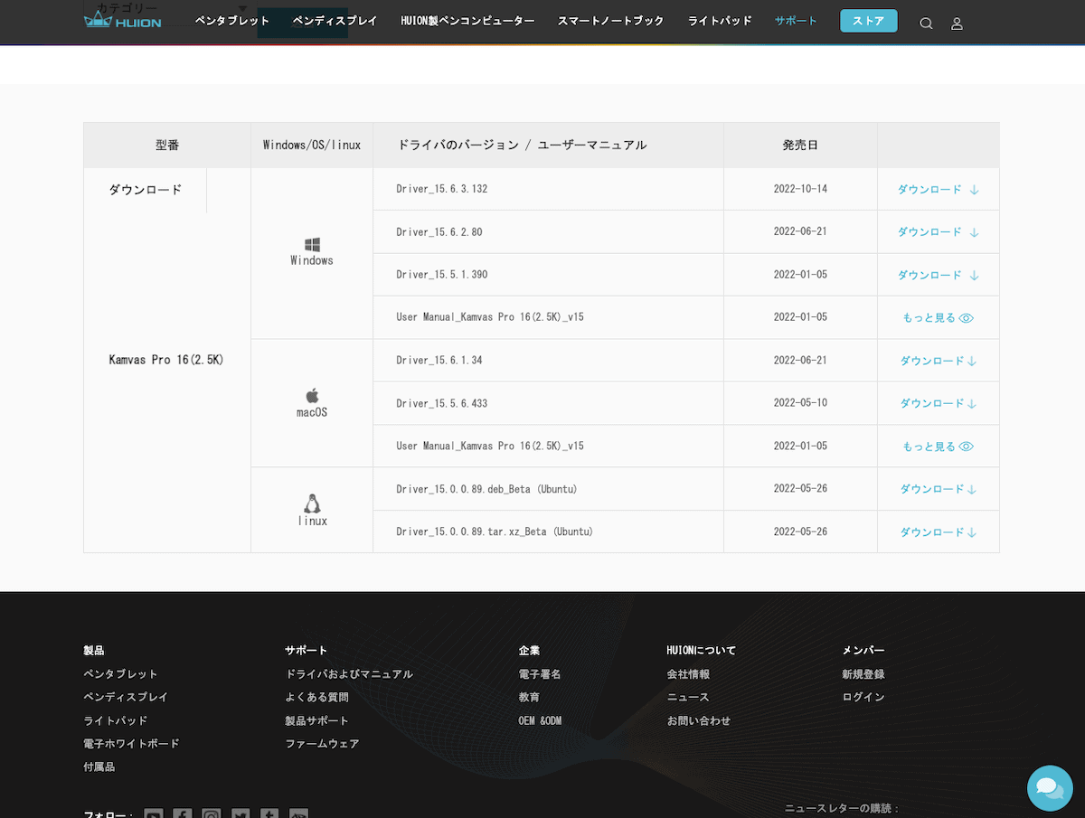 HUION Kamvas Pro 16(2.5K) のドライバダウンロードページ