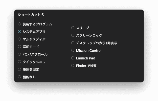 HuionTabletでショートカットキーに割り当て可能な機能の一例